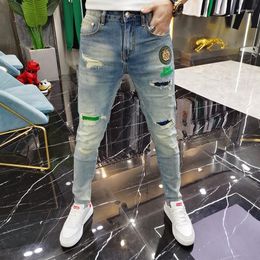 Men's Jeans Fashion Stylish Embroidery Korean Clothing Pants Distressed Ripped Holes Designer Boyfriend For Men