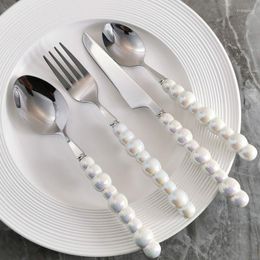 Dinnerware Sets High Beauty Ins Style Stainless Steel Knife Fork Spoon Set Of Four Ceramic Pearl Handle Tableware Dessert