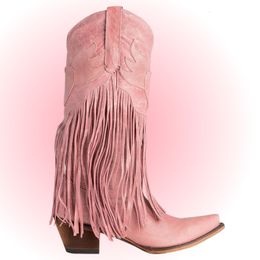 Boots AOSPHIRAYLIAN Pink Tassels Fringe Mid-Calf Western Cowboy Boots For Women Vintage Retro Point Toe Cowgirl Boots Shoes 230729