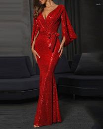 Casual Dresses 2023 Red Party V Neck Sexy Dress Solid Colour Sequins Long Mopping Floor Evening