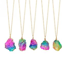 Pendant Necklaces Fashion Rainbow Stone Colorful Natural Stone Alloy Women Necklace260h