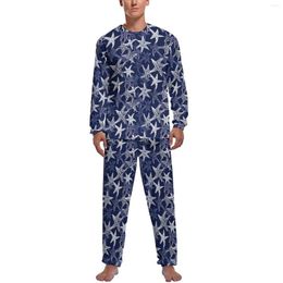 Men's Sleepwear White Starfish Pyjamas Men Nautical Navy Blue Warm Spring Long Sleeve 2 Piece Bedroom Pattern Set
