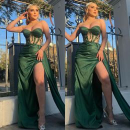 Elegant Dark Green Evening Dresses Appliques Sweetheart Illusion Party Prom Split Sweep Train Long Dress For Special Ocn