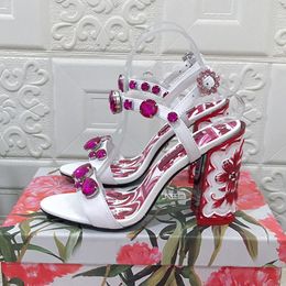 Sculpted block heel Sandals Crystal decoration Printing Leather open toe heels women's luxury designers Patent Leather Fashion Evening shoes factory footwear