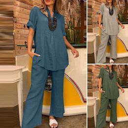 Women's Two Piece Pants Women Elegant Wide Leg Sets V Neck Button Short Sleeve Trouser Suits Female Solid Colour Loose Outfits