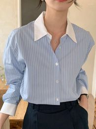 Women's Blouses 2Colors 2023 Autumn Korean Style Turn Down Collar Long Sleeve Shirt Striped Sweet Short Blouse Female Outwear Tops (SU0085