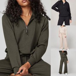 Women's Two Piece Pants Tracksuit 2023 Women Sports Casual 2 Set Elastic And Short Hoodies Sweatshirt Solid Half Zipper Loose