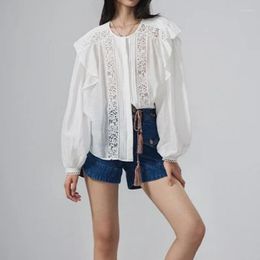 Women's Blouses 2023 Early Autumn Embroidery Hollow Pressed Pleated White Top Women Blouse