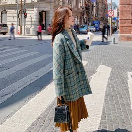 Women's Suits Fashion Korean Style Woolen Plaid Suit Jacket Autumn Winter Clothes Women Vintage Elegant Loose Double Breasted Blazer Coat