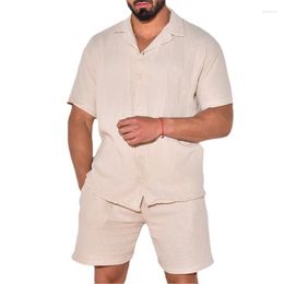 Men's Tracksuits Two Piece Set Cotton Linen Suit Loose Short-sleeve Shirt V Neck T-shirts Shorts 2023 Summer For Men Vintage Sports Outfits