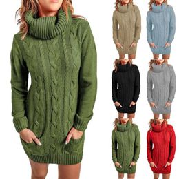 Women's Sweaters Autumn And Winter 2023 Europe America Solid High Neck Fried Dough Twists Round Knitted Pocket Dress Sweater