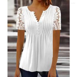 Women's Blouses Casual Slim White Clothes Elegant V-neck Lace Blouse Women Pleated Buttons Tops Mujer Summer Short Sleeve Printed T-shirt