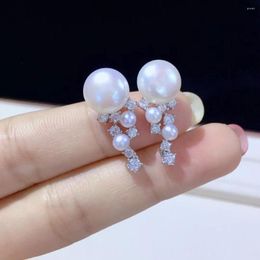 Stud Earrings Natural Fresh Water Pearl Earring 925 Sterling Silver With Cubic Zircon Fine Women Jewellery