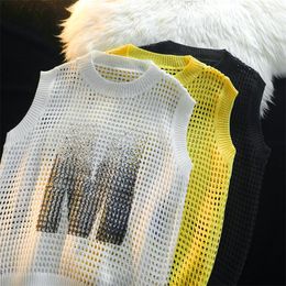 Men's Vests Summer Tie-dye Knitted Vest Boys Loose All-match Hollowed Out Sweater Sleeveless Round Neck Shoulder Top Men Clothes