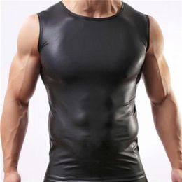 Whole- 2016 Black Colour Men Sexy Vest Faux Leather Solid Male Tank Tops Underwear Slim Wear Size M L XL Whole303L