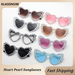 Sunglasses Fashion Retro Heart-Shaped Pearl Frame UV400 Women Cat Eye Pink Eyewear Trending Beach Shades Party Sun Glasses