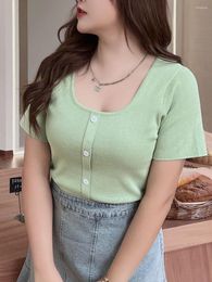 Women's T Shirts Women T-shirt Ice Silk Knitting Viscose Knitted Button Summer Square Collar Slim Short Tops