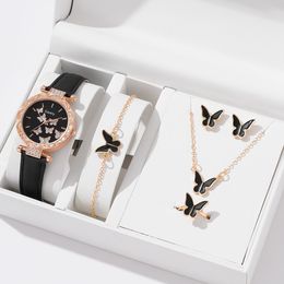 Wristwatches 6pcs Luxury Watch Women Ring Necklace Earrings Bracelet Set Watches Butterfly Leather Strap Ladies Quartz WristWatch No Box 230729