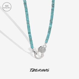 Strands Strings TZgram 925 Sterling Silver Natural Turquoise Necklace Long Bead Chain For Women Green Stone Bear Enamel Pendant Delicate Jewelry 230729