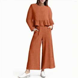 Women's Two Piece Pants 2023 Autumn Sets Women Long Sleeve O-Neck Tshirt Top Wide Leg Cropped Suits Female Casual Spring Solid Outfits