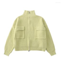 Women's Knits Fashion Sweaters Women Spring Short Cardigan Solid High Neck Zipper Knitwear Jacket Casual Green Cardigans Sweater Coat