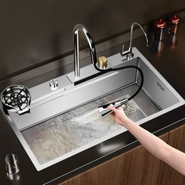 Modern Silvery Nanometer 304 Stainless Steel Waterfall Kitchen Sink 3MM Thickness Large Single Slot Above Mount Waterfall Faucet