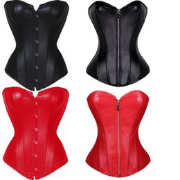 Plus Size Sexy Overbust Women's Faux Leather V-Neck Overbust Corset Bustier S-6XL Steampunk Style Zip-up Front Clubwear Linge226v