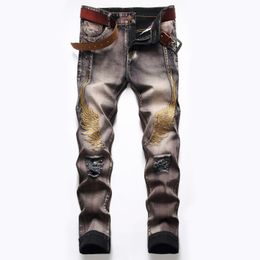 Mens Jeans Jeans Mens Streetwear Personalised Embroidered Wings Broken Holes Denim Pants Full Length Ripped Jeans 230729