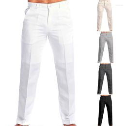 Men's Pants Cotton Linen With Pocket Straight Tube Solid Color Breathable Daily Casual Mid Waist Fashion Trousers