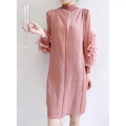 Casual Dresses Miyake Pleats Solid Colour Petal Sleeve Dress Feminine Straight Tube Elegant Party For Women 2023 Summer Long