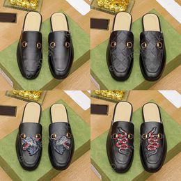 Classic Men Slippers Loafers Metal Buckle Embroidery Sandals Men Leather Half Slipper Casual Mules Size 38-46