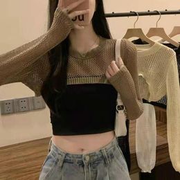 Women's Blouses Sun Protection Hollow Long-sleeved Shirt Anti-uv Waist-exposed Blouse For Summer Autumn See-through Top With Knitted