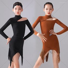 Stage Wear Latin Dance Clothes For Girls Long Sleeves Tops Fringe Skirt Black Brown Dress Cha Ballroom Practice Clothing