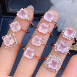 Cluster Rings Natural Pink Rose Quartz Ring 925 Sterling Silver Engagement Wedding For Women Anniverary Gift
