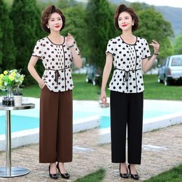 Women's Two Piece Pants Summer Sets Womens Outifits Short-Sleeved Middle-Aged Mother Clothes Elderly Grandma Casual Shirt Pant Suits 5XL