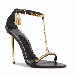 Fashion Pumps Sandals Shoes Lady High-Heeled Gladiator Gold Chain Link Padlock Pointy Naked Luxury Designer Party Wedding Summer Prefect Ford 35-43