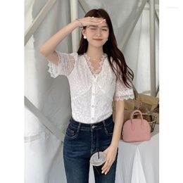 Women's Blouses Shirt Women 2023 Summer Elegant Solid Colour Stitching Lace Short-sleeved V-neck Single-breasted White Cardigan Top