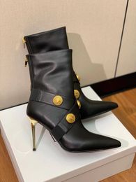 Fashion Luxury Women Designer High Heels 100% Cowhide High Heels Non slip Durable Pointed Metal Round Buckle Fashion Boots 36-42 with Box