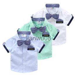 Kids Shirts 2023 Summer 2 3 4 5 6 7 89 10 Years Children'S Birthday Party Clothing Cotton Short Sleeve Plaid Kids Handsome Boy Bow Tie Shirt x0728