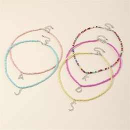 Choker Letter Pendant Colourful And Vibrant Rice Bead Chain Handmade Necklace Stainless Steel Bohemian Chic Fashionable