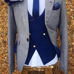 Men's Suits Grey Formal Groom Tuxedo For Wedding Slim Fit Italian Men With Royal Blue Pants Waistcoat Male Fashion Costume Jacket