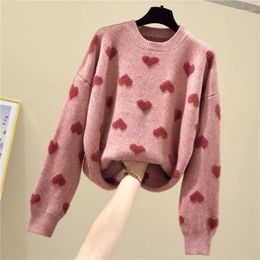 Women's Sweaters Love Print Knitted Fluffy Sweater Oversized Pullover Women Winter Loose Long Streetwear Sueter Muje Pink Apricot