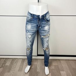 Men's Jeans Street Fashion Men Retro Blue Elastic Stretch Slim Fit Hole Ripped Patched Designer Hip Hop Denim Pants Hombre