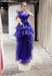 Party Dresses Real Pictures Purple Blue V-neckline Tiered Organza Simple Design Sleeveless Elegant Floor Length Formal Evening Dress 2023