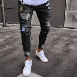 Mens Jeans High Quality Men Stretchy Embroidery Cartoon Print Jeans Ripped Skinny Destroyed Hole Slim Fit Denim Hip Hop Black Jeans 230729