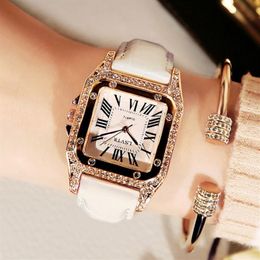 Vintage Female Watch Rhinestone Fashion Student Quartz Watches Real Leather Belt Square Diamond Inset Delicate Womens Wristwatches243Y