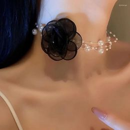 Choker Elegant Flower Clavicle Chain Pearl Necklace For Women Lace Wedding Jewelry Vintage Imitation Rope Aesthetic Neck