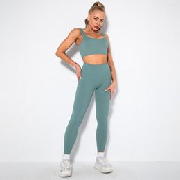 Women's Two Piece Pants Top Set Seamless Tracksuit Fitness Workout Outfits Gym Wear Ribbed Yoga Clothing Sets Women High Waist Leggings