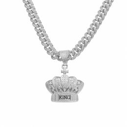 Hip Hop Rapper shiny diamond pendant gold necklace king crown pendant micro-inset zircon jewelry night club accessory Sweater Collarbone Cuban chain 50cm 1602