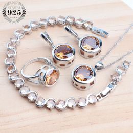 Wedding Jewelry Sets Ladies 925 Silver Champagne Zircon For Women Rings Bracelets Stones Earrings Pendant Necklace Set 230729